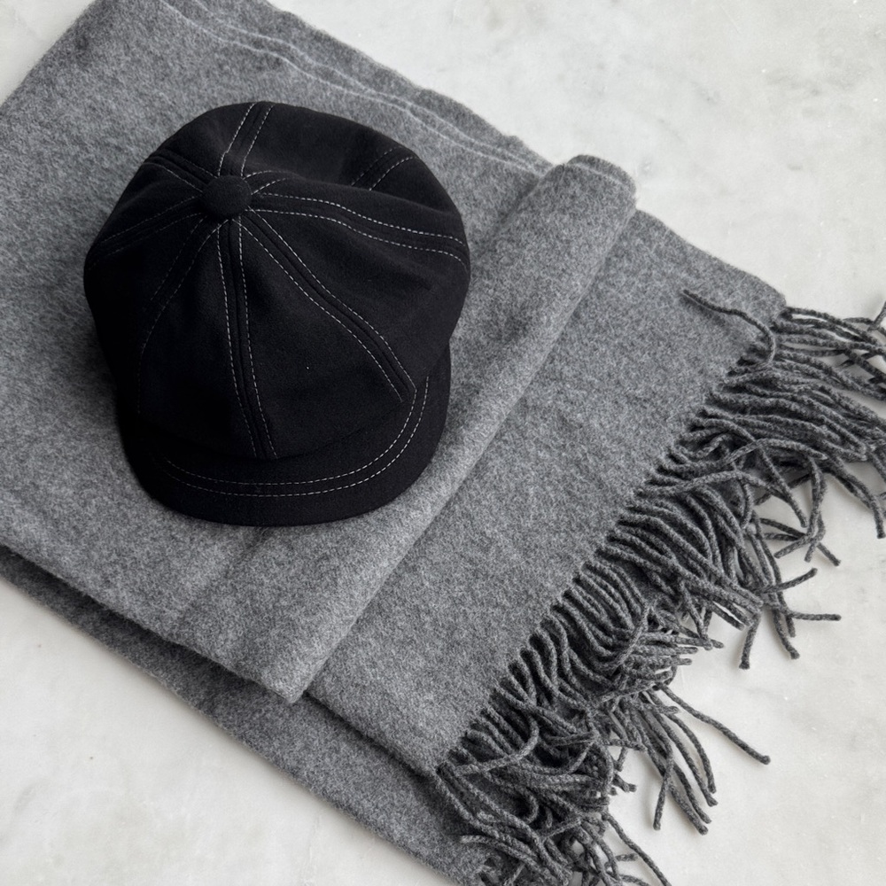 Black Wool Blend Newsboy Cap Baker Boy Hat Contrast Stitch - Picture 4 of 7